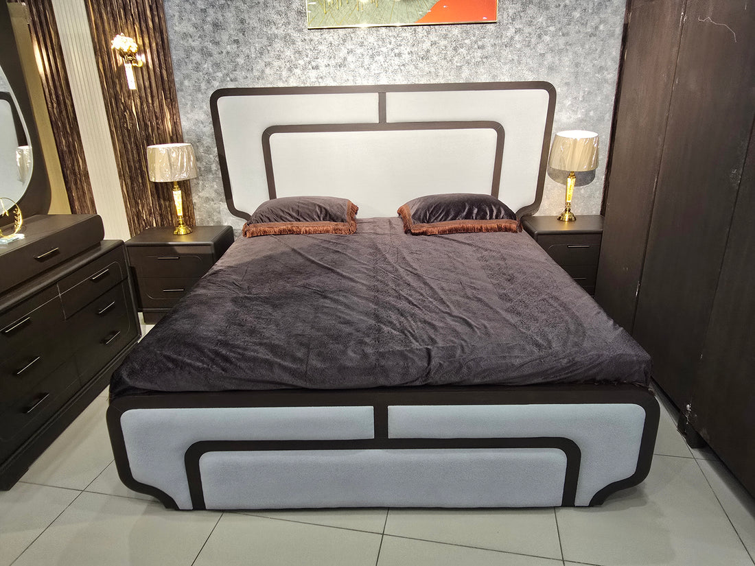 Modern Contrast Upholstered Bed with Leaf-Mirror Dressing Table