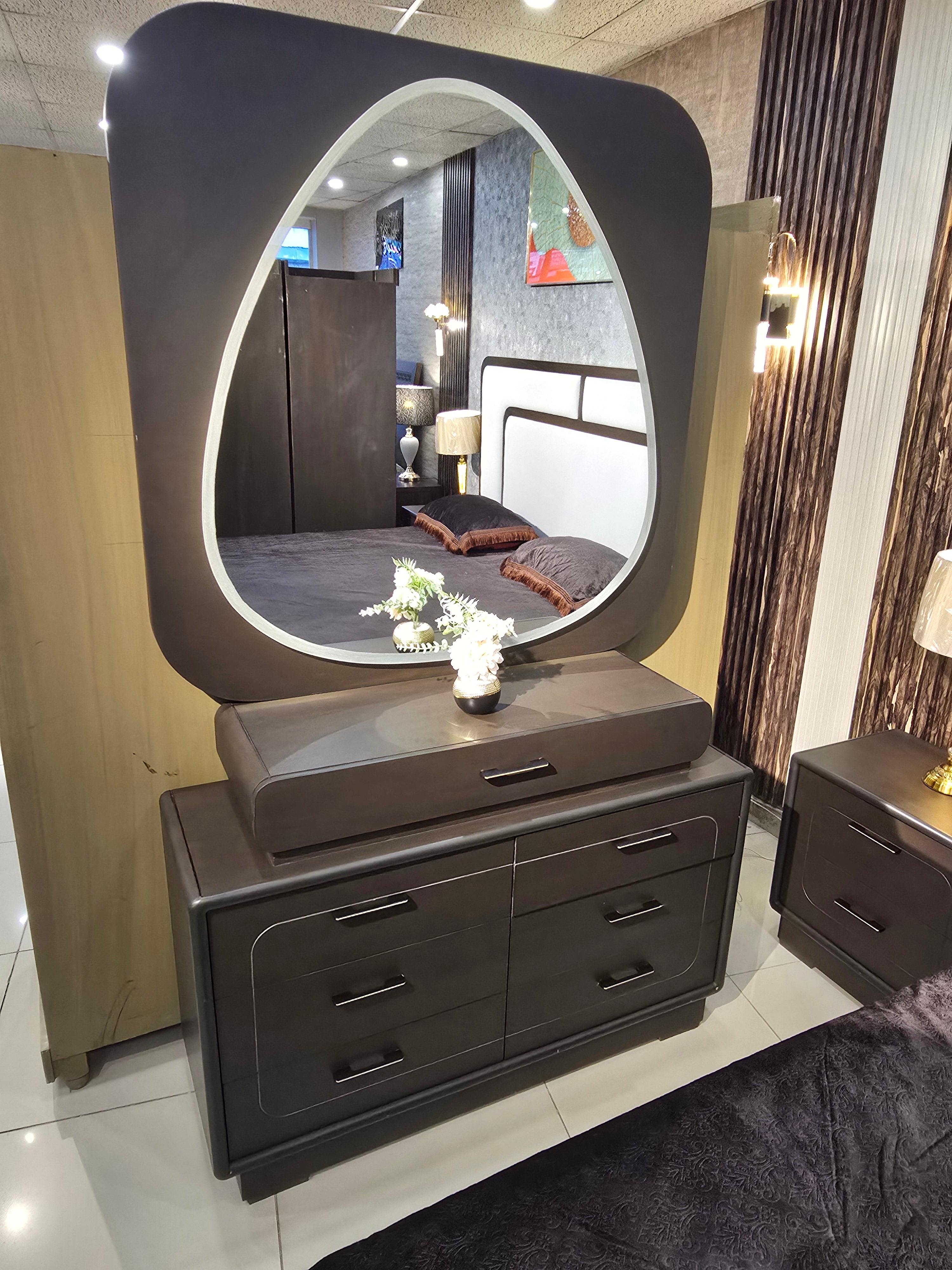 Modern Contrast Upholstered Bed with Leaf-Mirror Dressing Table