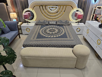 Turkish Luxury Bedroom Set – Upholstered Bed with LED Vanity Dressing Table
