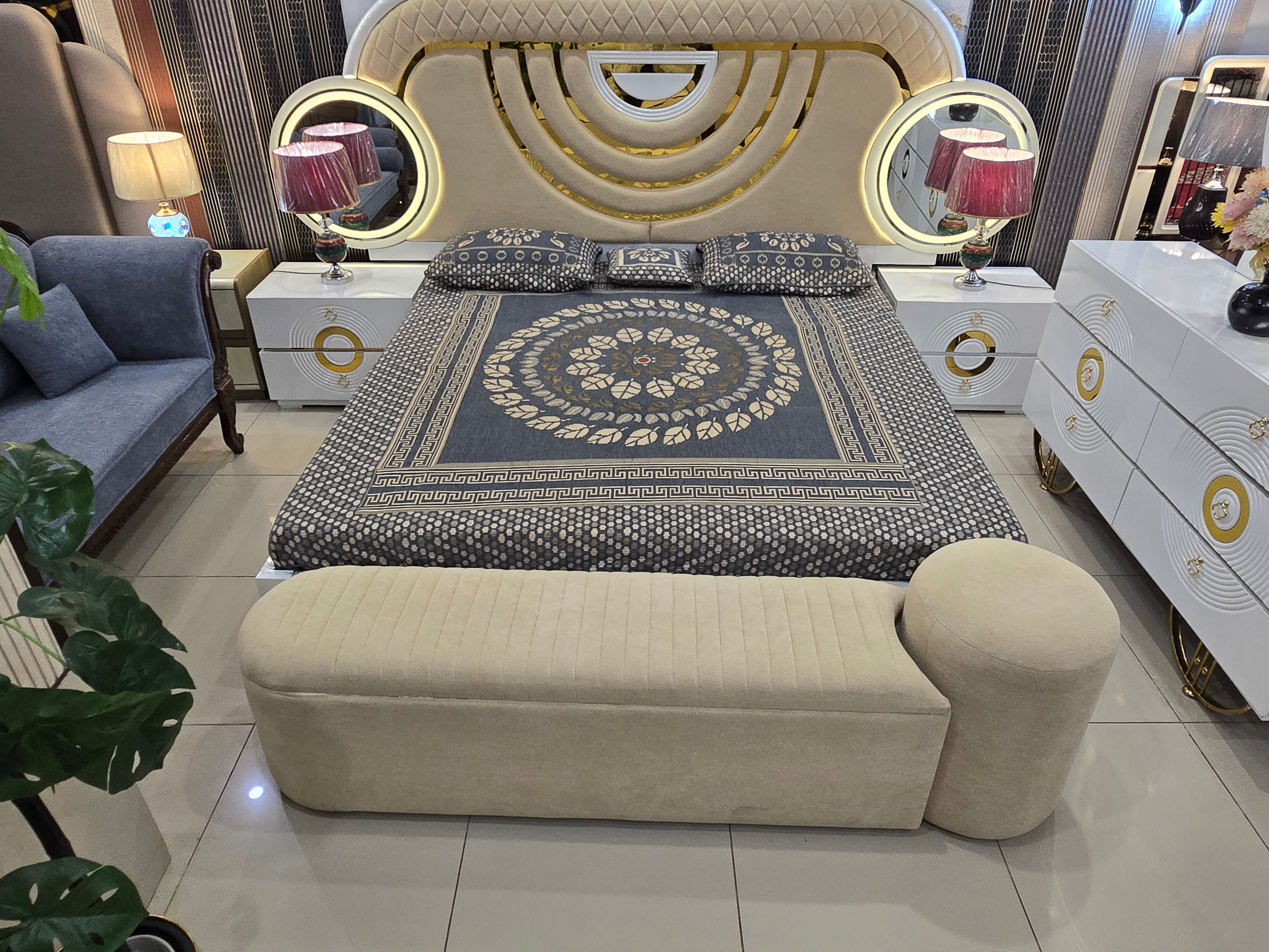 Turkish Luxury Bedroom Set – Upholstered Bed with LED Vanity Dressing Table