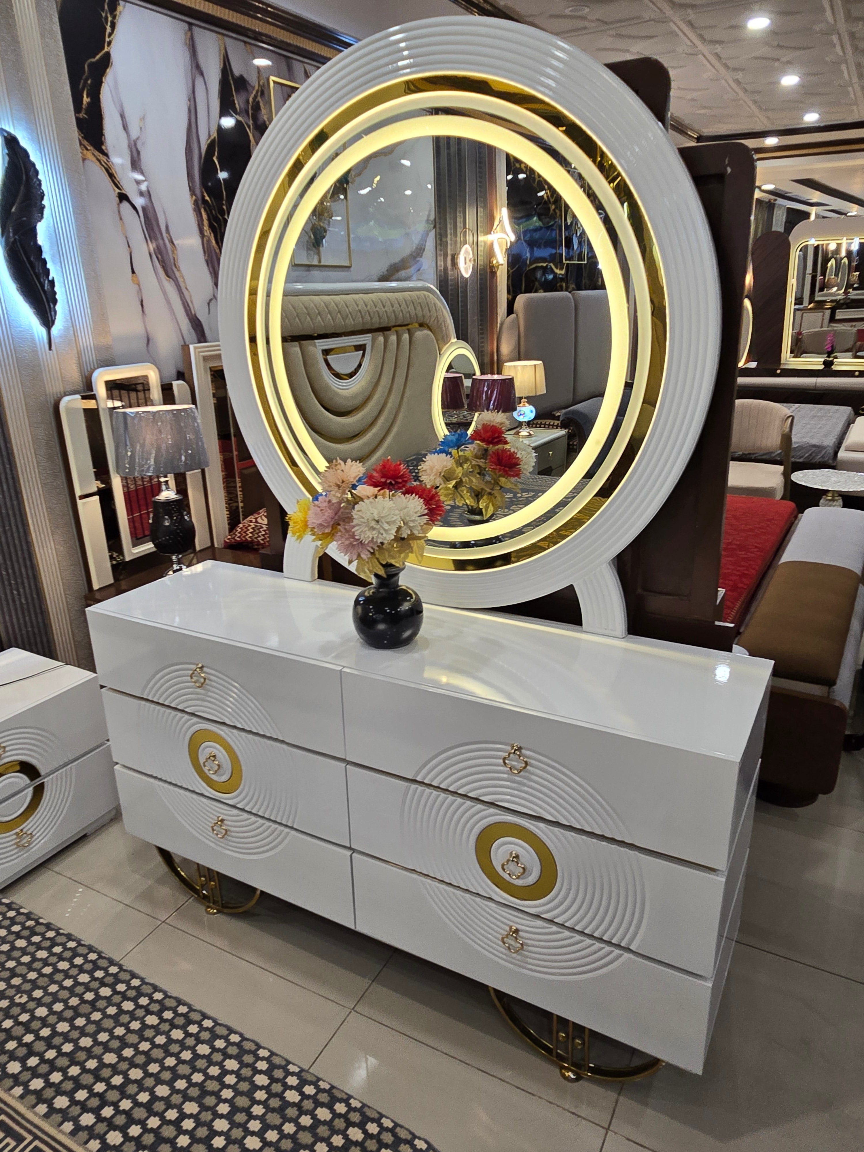 Turkish Luxury Bedroom Set – Upholstered Bed with LED Vanity Dressing Table
