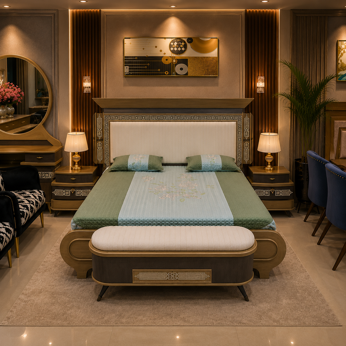 Luxury Arabic Bedroom Furniture Set with Designer Round Mirror Dressing Table