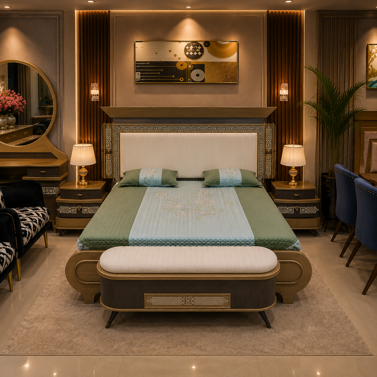Luxury Arabic Bedroom Furniture Set with Designer Round Mirror Dressing Table