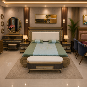 Luxury Arabic Bedroom Furniture Set with Designer Round Mirror Dressing Table