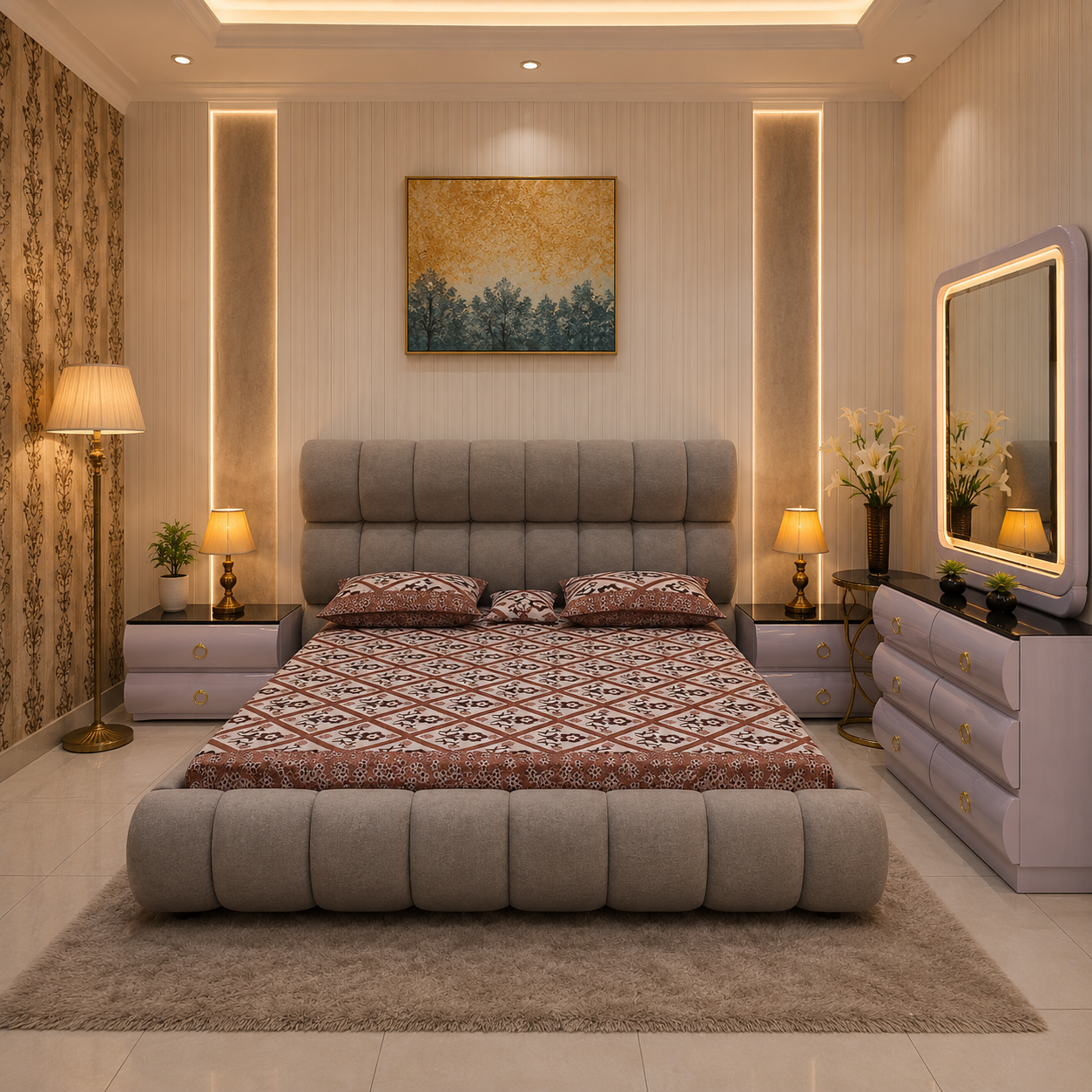 Bubble Channel Bed Set – Luxury Glass-Top LED Vanity Suite