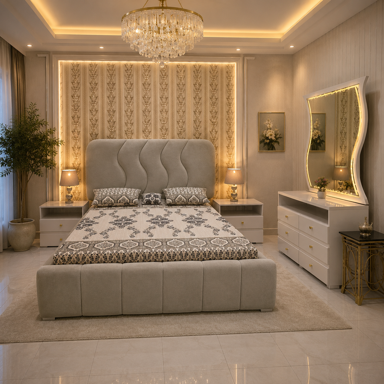 Luxury Bedroom Set – Modern Wavy LED Dressing Table
