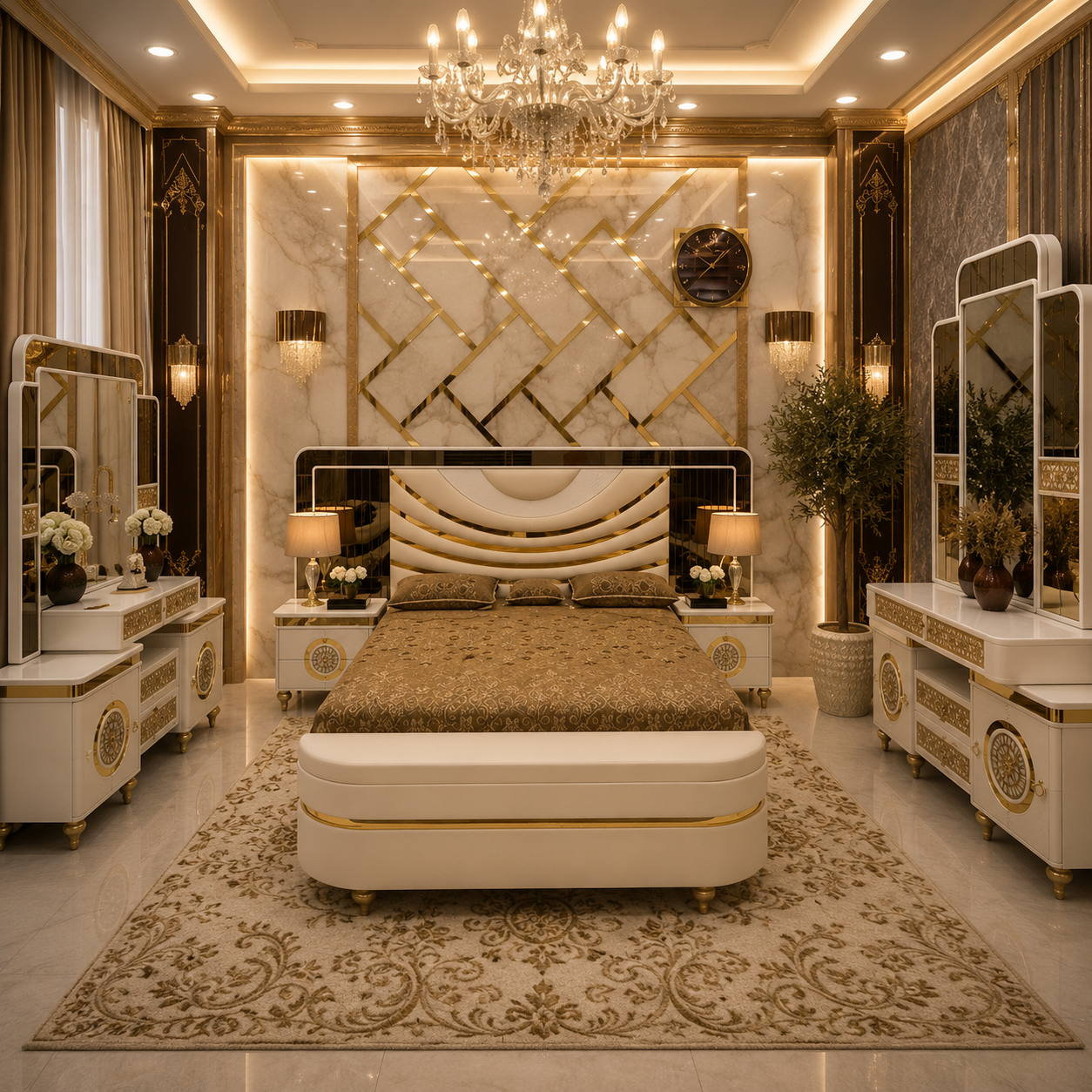 Milanese Luxury Italian Bedroom Set – High-Gloss White & Gold Vanity Suite