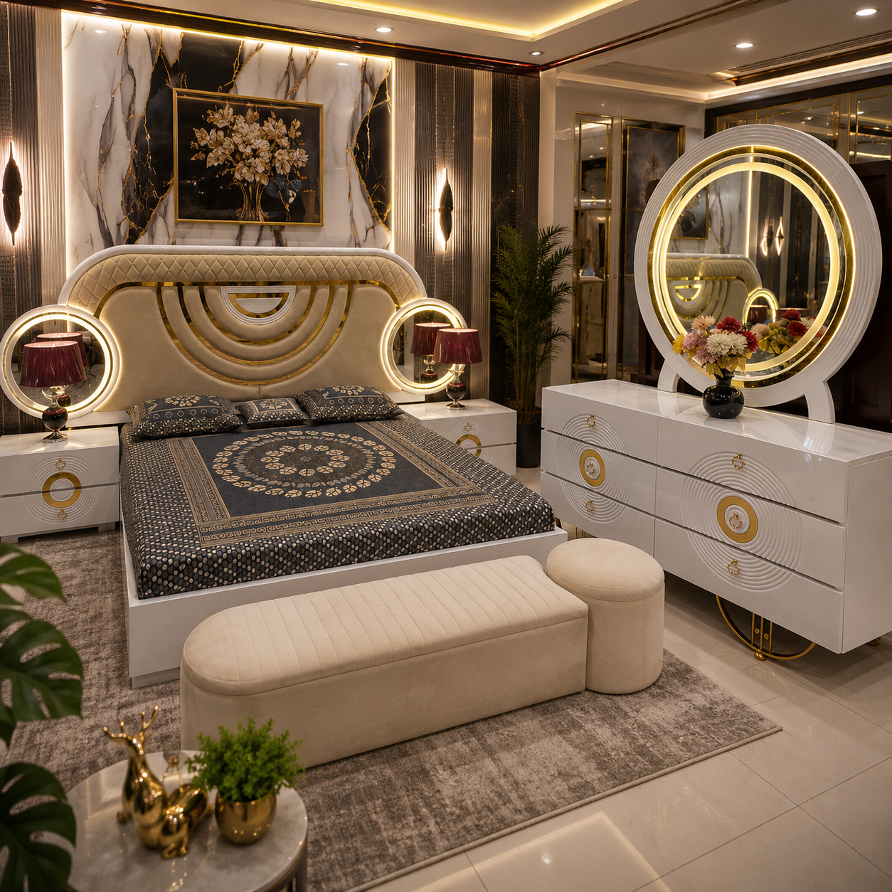 Turkish Luxury Bedroom Set – Upholstered Bed with LED Vanity Dressing Table