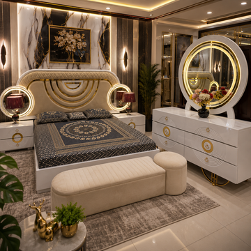 Turkish Luxury Bedroom Set – Upholstered Bed with LED Vanity Dressing Table