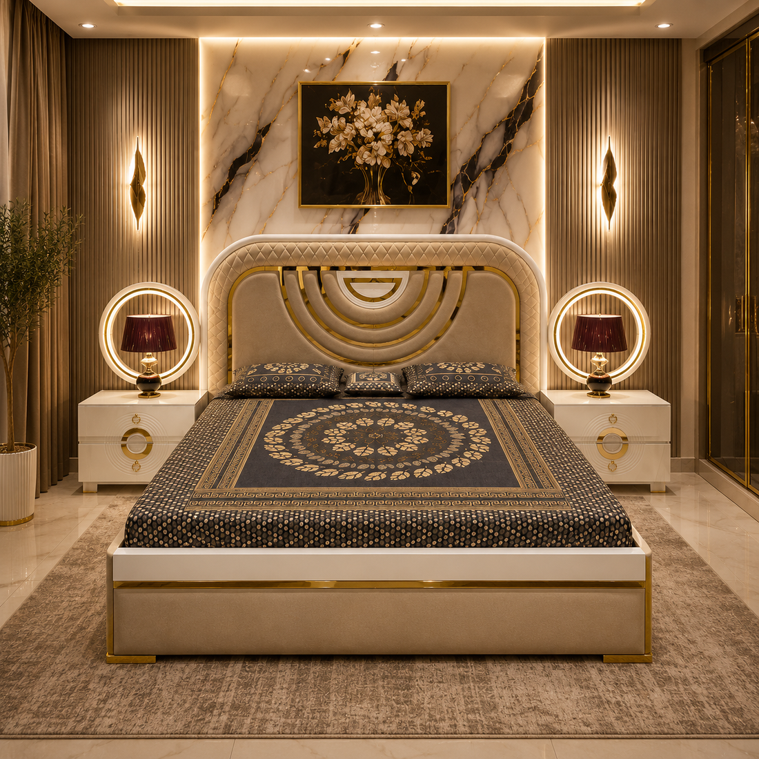 Turkish Luxury Bedroom Set – Upholstered Bed with LED Vanity Dressing Table