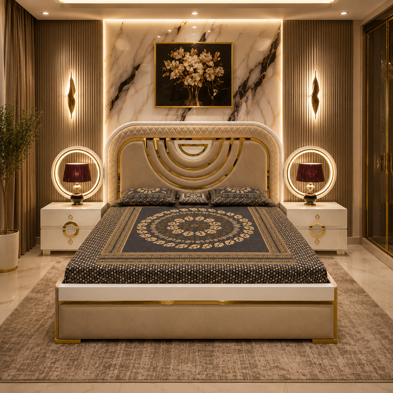 Turkish Luxury Bedroom Set – Upholstered Bed with LED Vanity Dressing Table