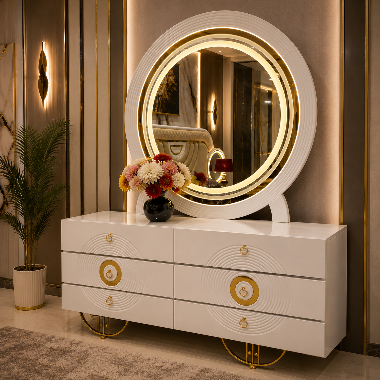 Turkish Luxury Bedroom Set – Upholstered Bed with LED Vanity Dressing Table