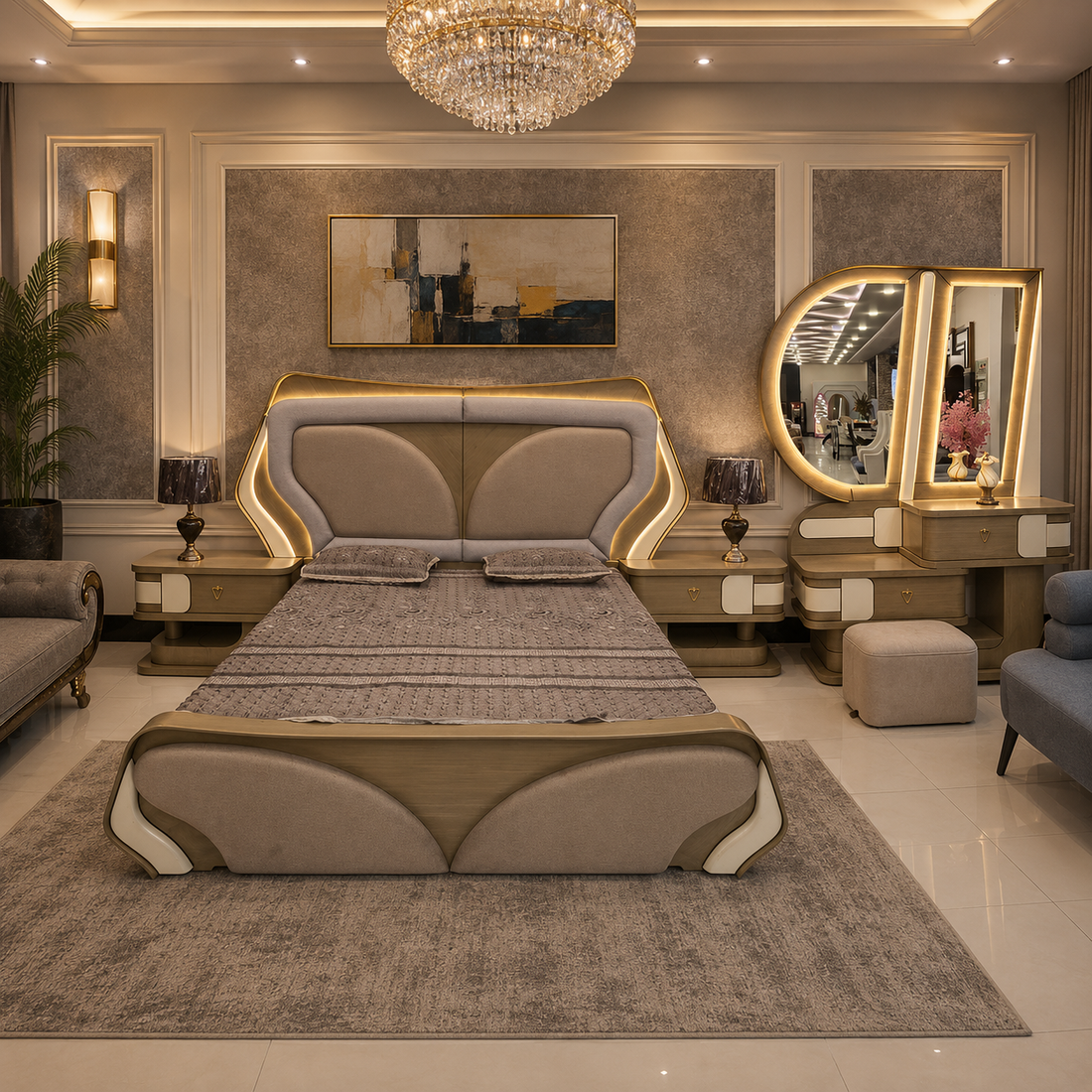 Luxury Bedroom Set – Palatial Backlit LED Arch Vanity Suite