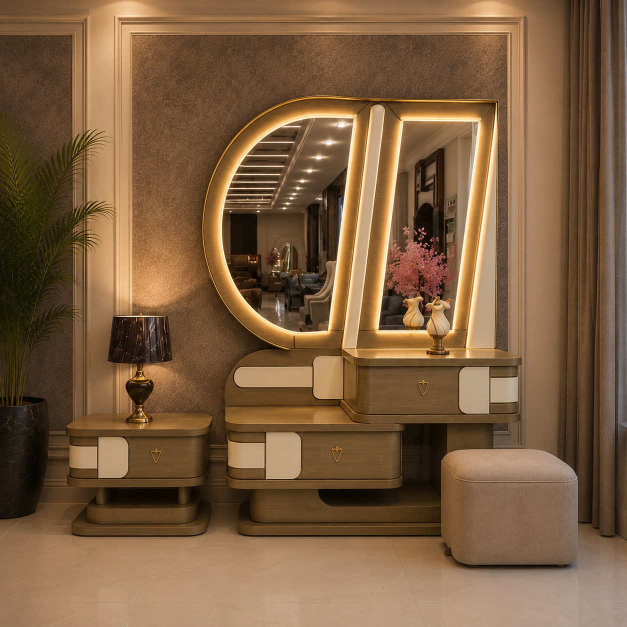 Luxury Bedroom Set – Palatial Backlit LED Arch Vanity Suite