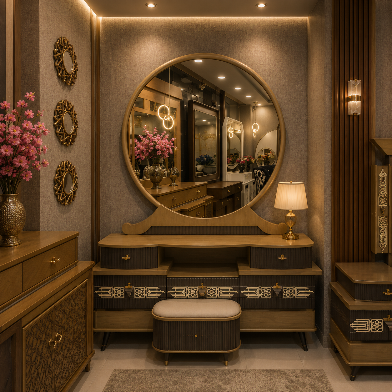 Luxury Arabic Bedroom Furniture Set with Designer Round Mirror Dressing Table