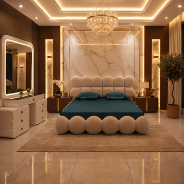 Macaron Bubble Bedroom Set – Modern Rounded Glass-Top LED Vanity Suite