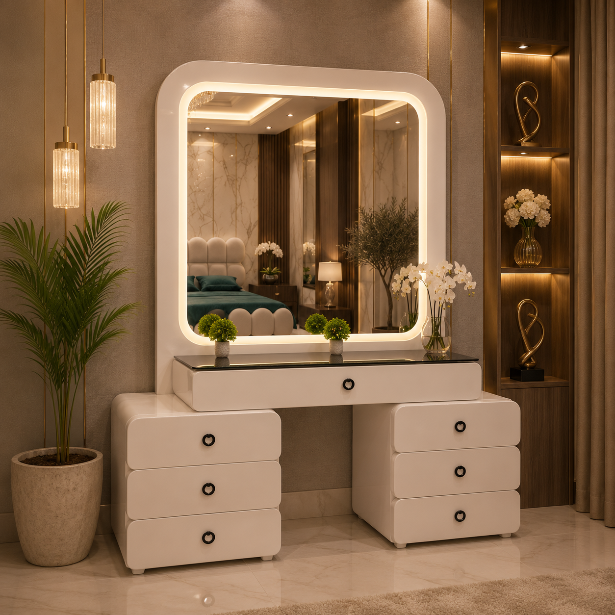 Macaron Bubble Bedroom Set – Modern Rounded Glass-Top LED Vanity Suite