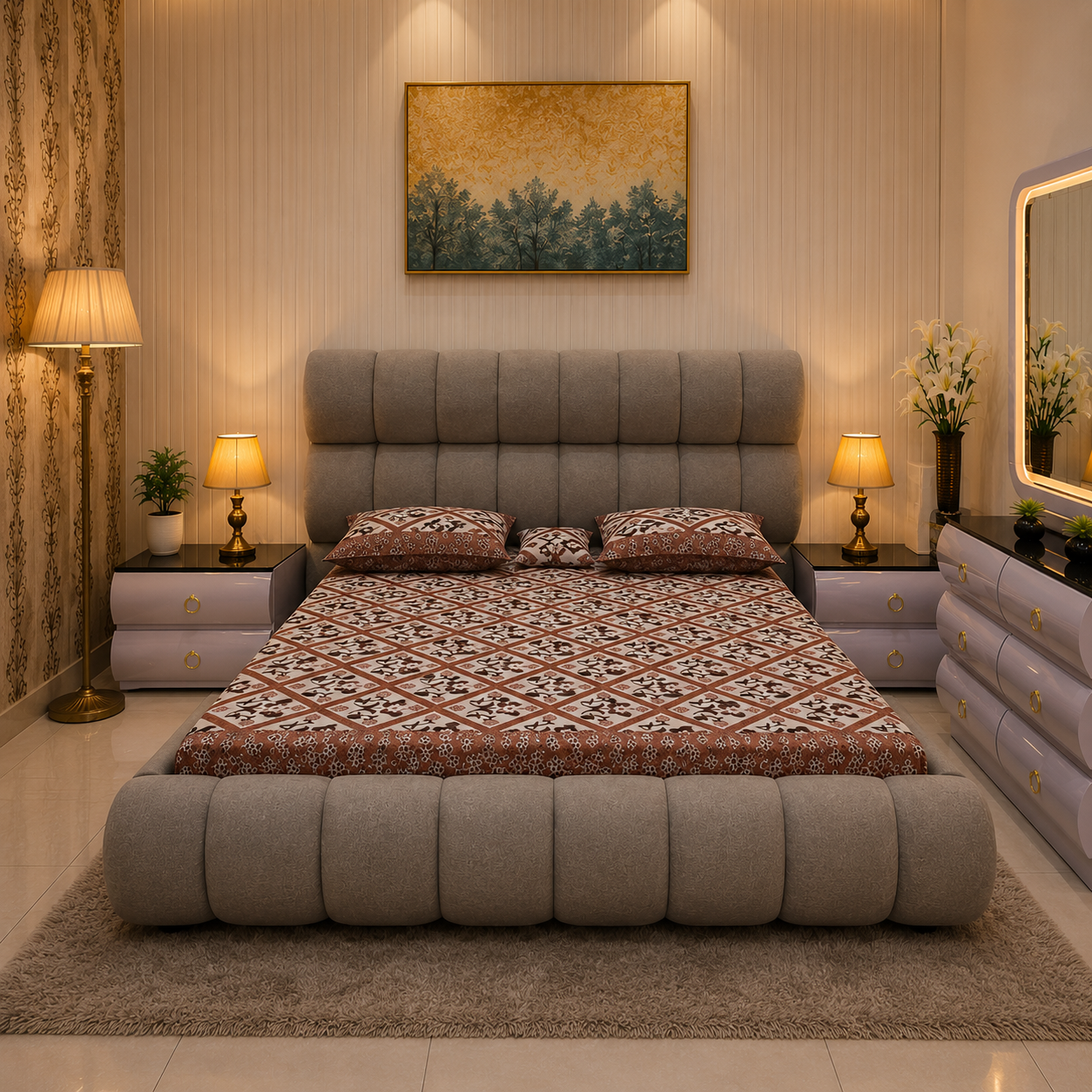 Bubble Channel Bed Set – Luxury Glass-Top LED Vanity Suite