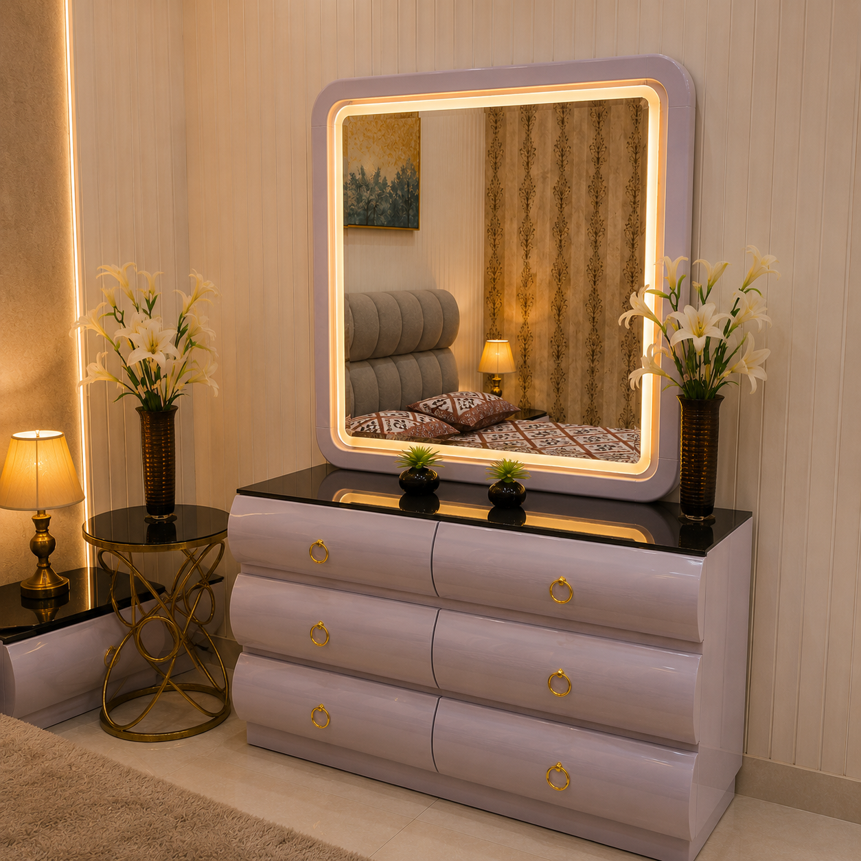 Bubble Channel Bed Set – Luxury Glass-Top LED Vanity Suite