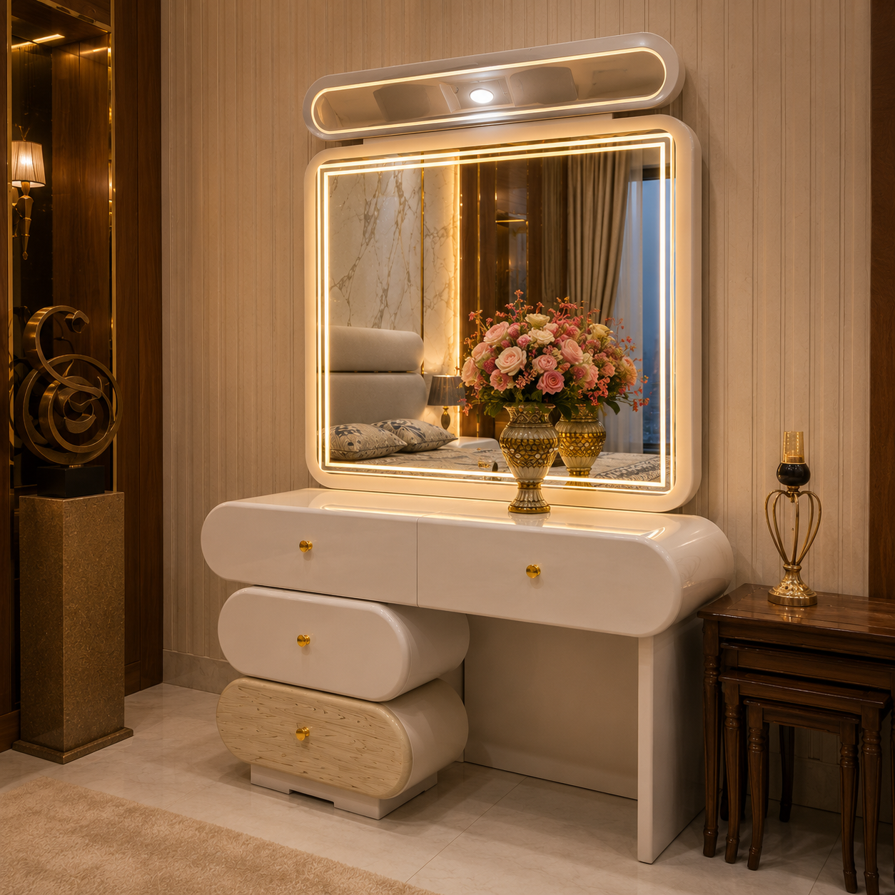Capsule Bubble Bedroom Set – Modern Rounded LED Mirror Vanity Suite