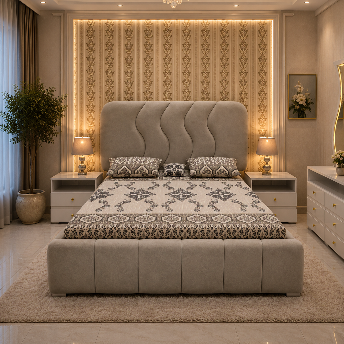 Luxury Bedroom Set – Modern Wavy LED Dressing Table