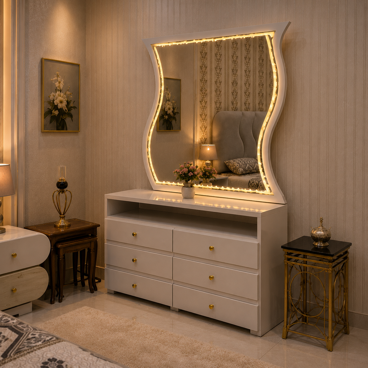 Luxury Bedroom Set – Modern Wavy LED Dressing Table