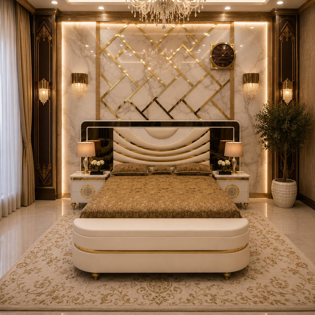 Milanese Luxury Italian Bedroom Set – High-Gloss White & Gold Vanity Suite