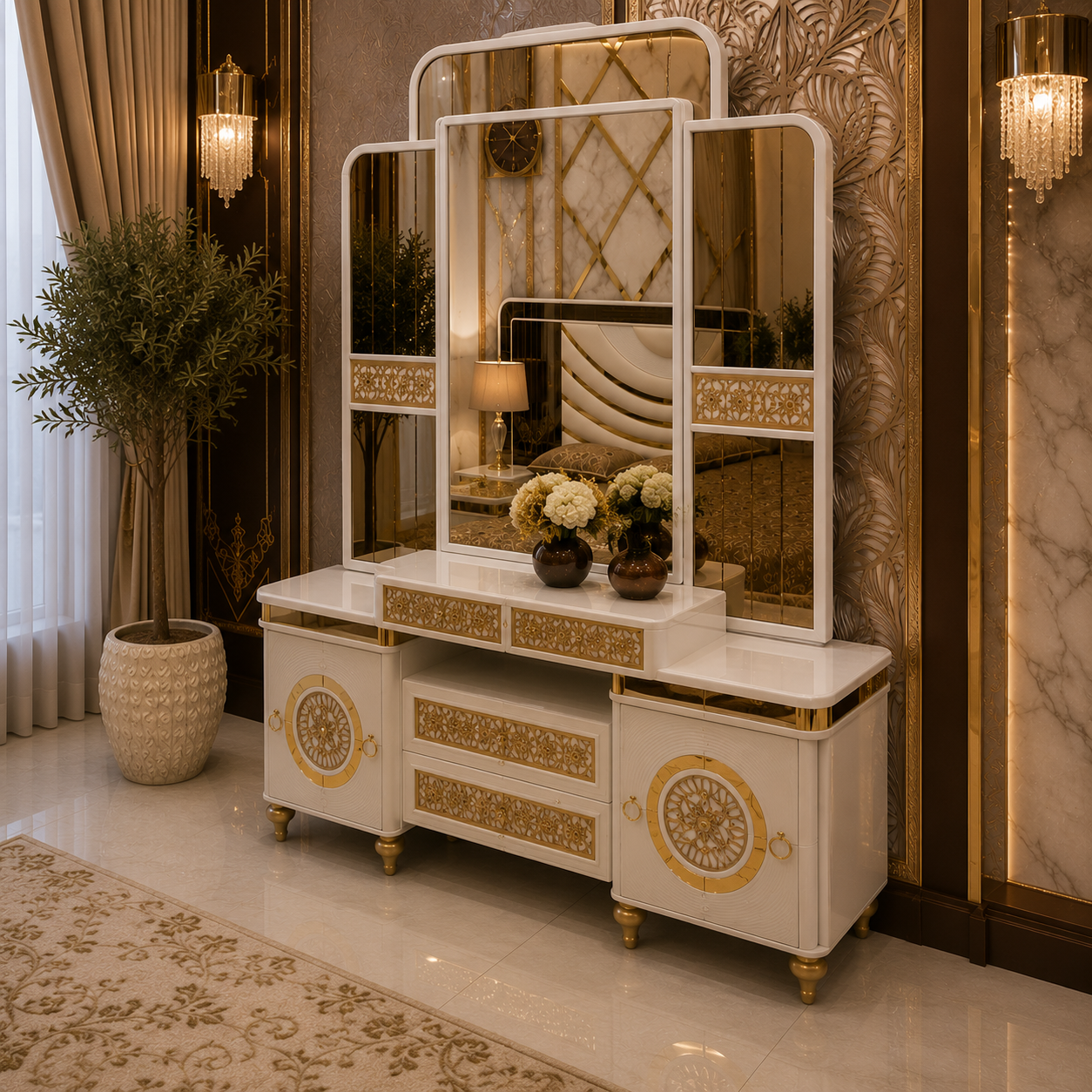Milanese Luxury Italian Bedroom Set – High-Gloss White & Gold Vanity Suite