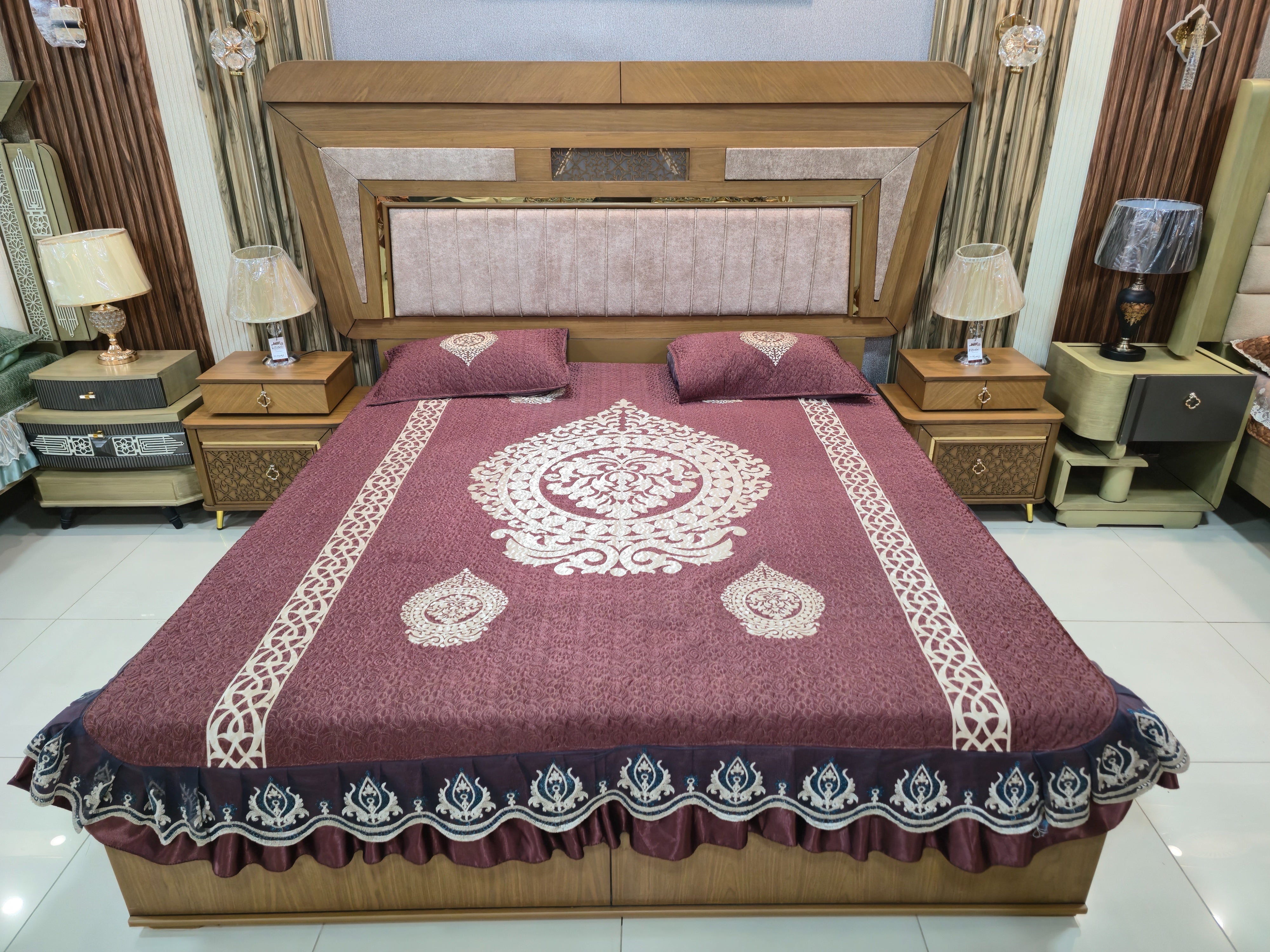 Luxury Arabic Style Bedroom Set in Walnut Finish with Dressing Table | Mumtaz Bashir Furniture Multan