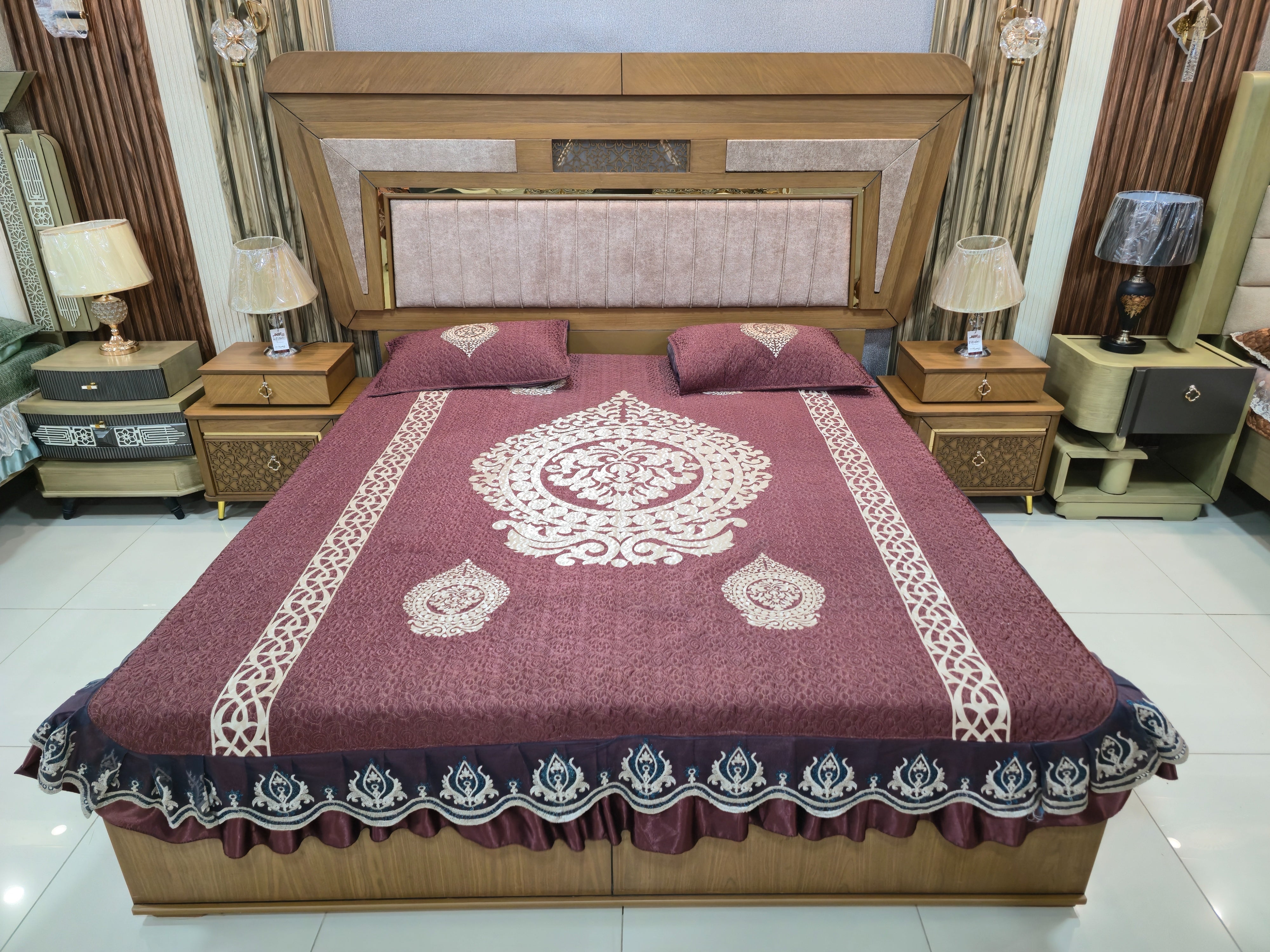 Luxury Arabic Style Bedroom Set in Walnut Finish with Dressing Table | Mumtaz Bashir Furniture Multan