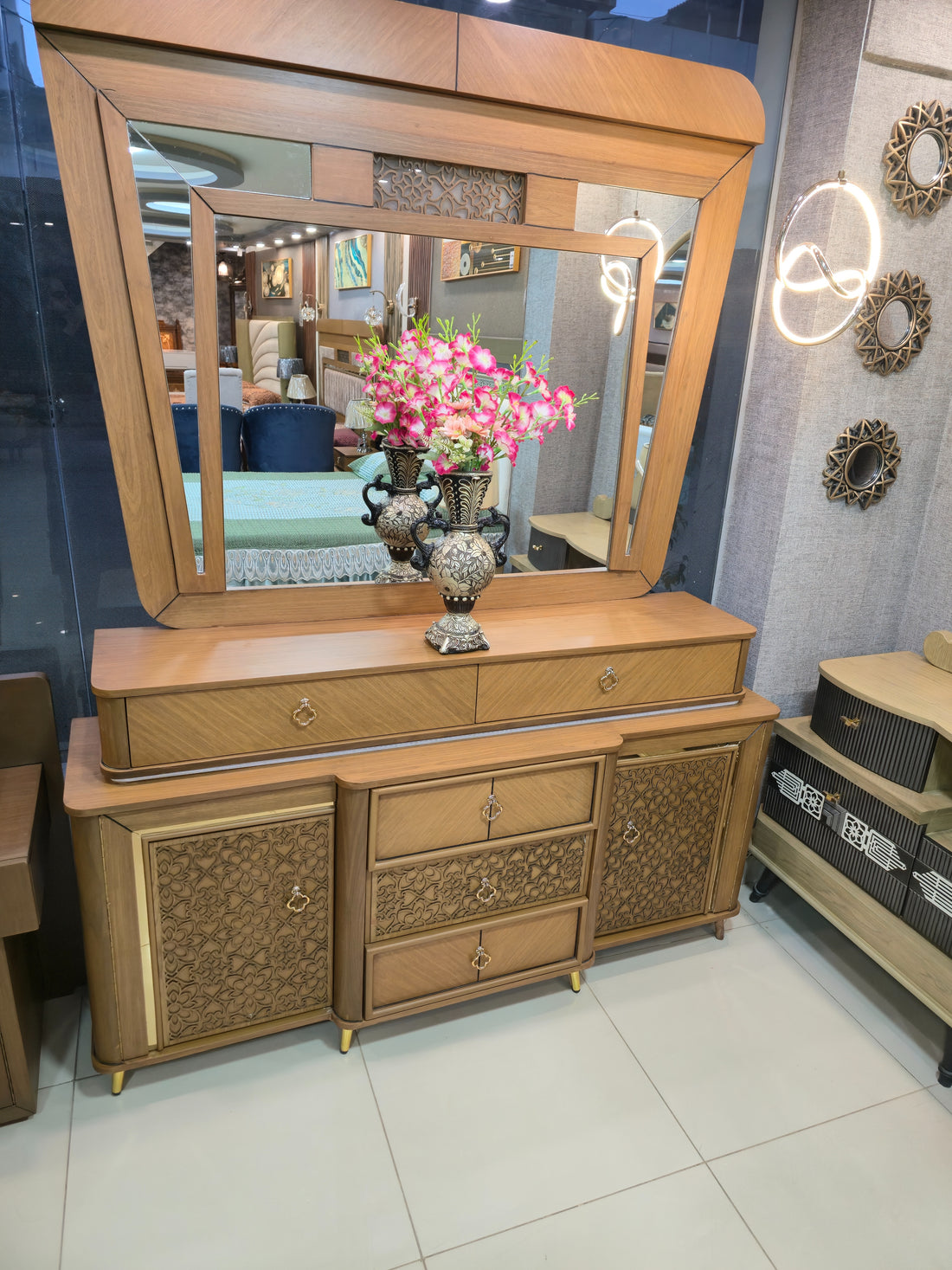 Luxury Arabic Style Bedroom Set in Walnut Finish with Dressing Table | Mumtaz Bashir Furniture Multan