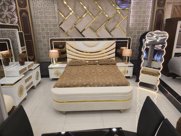 Milanese Luxury Italian Bedroom Set – High-Gloss White & Gold Vanity Suite