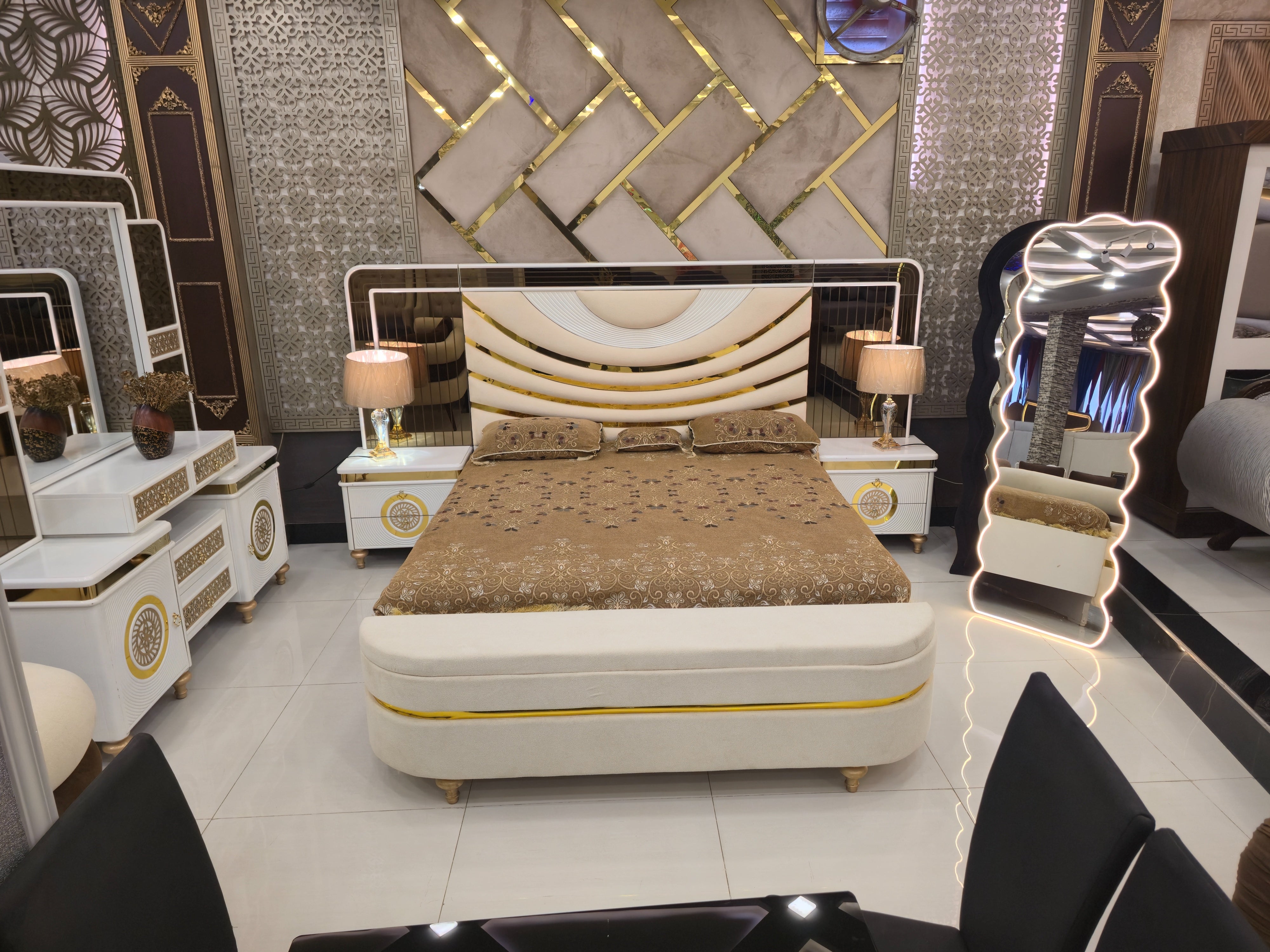 Milanese Luxury Italian Bedroom Set – High-Gloss White & Gold Vanity Suite