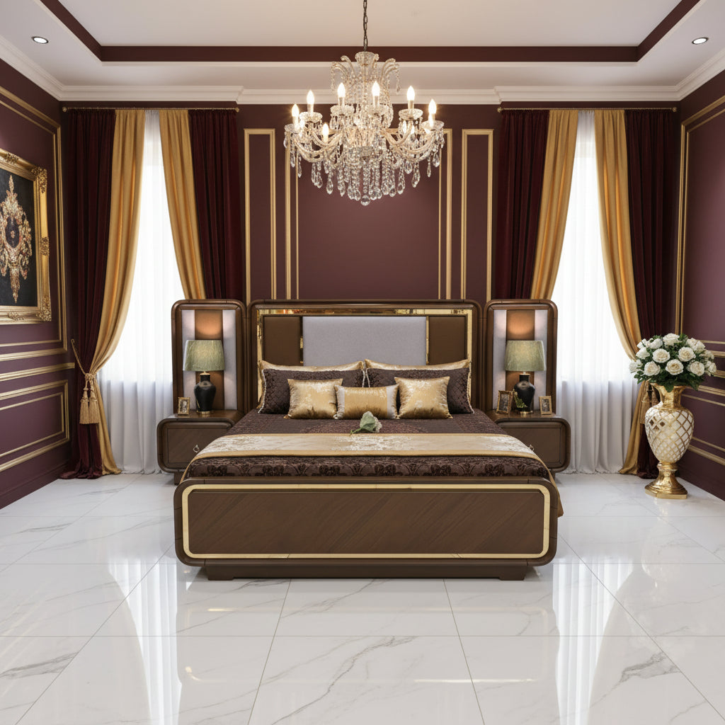 Tuscan Walnut Italian Bedroom Set – Luxury Backlit Wood & Gold Vanity Suite