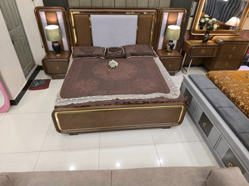 Tuscan Walnut Italian Bedroom Set – Luxury Backlit Wood & Gold Vanity Suite