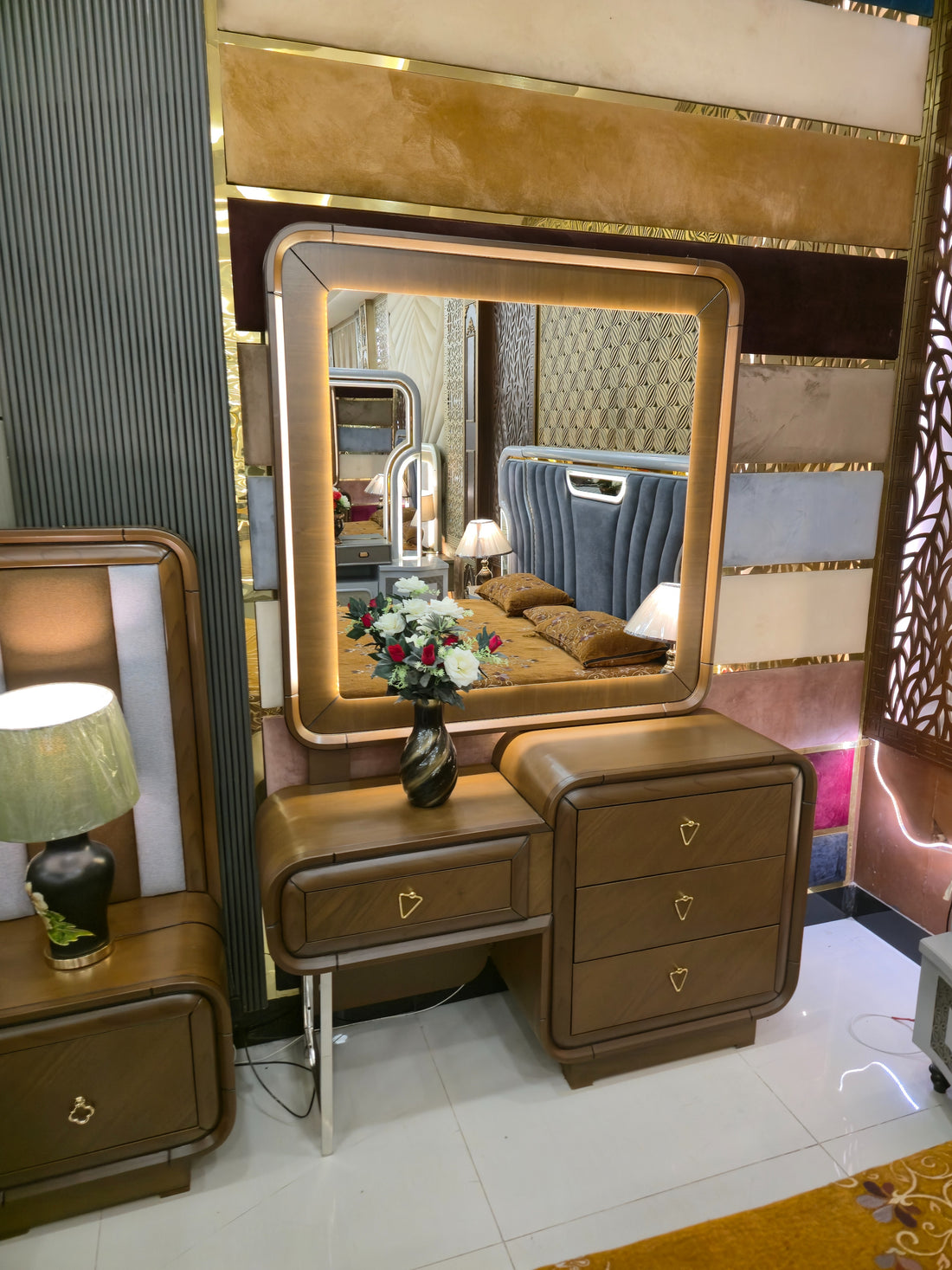 Tuscan Walnut Italian Bedroom Set – Luxury Backlit Wood & Gold Vanity Suite