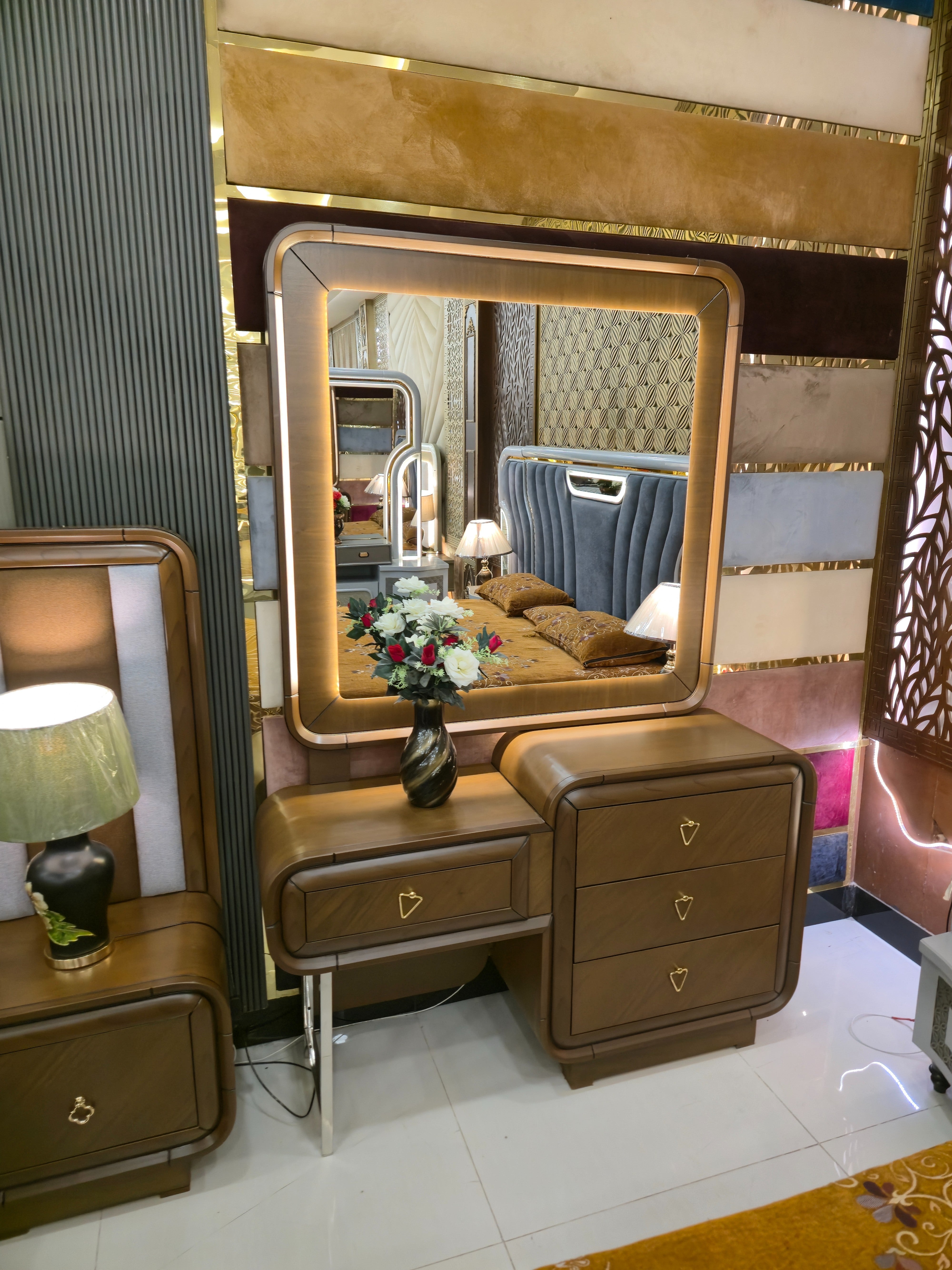 Tuscan Walnut Italian Bedroom Set – Luxury Backlit Wood & Gold Vanity Suite