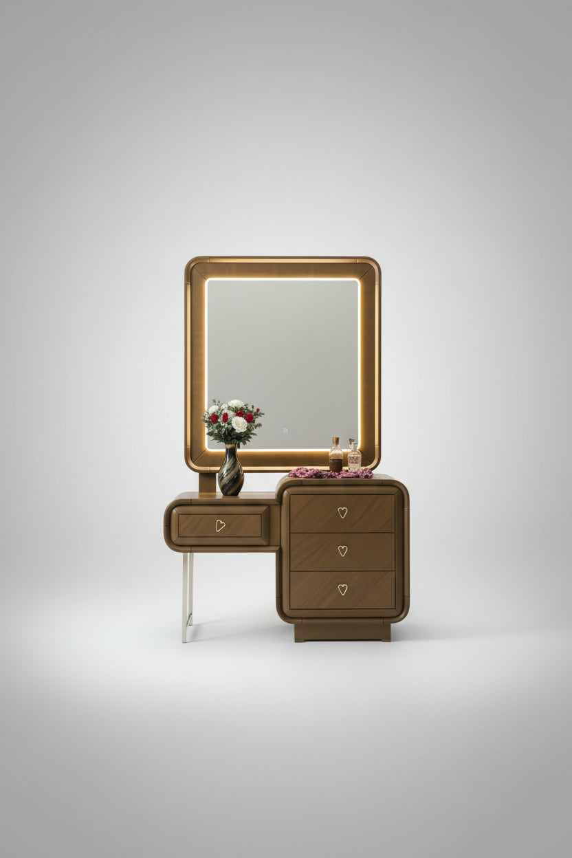 Tuscan Walnut Italian Bedroom Set – Luxury Backlit Wood & Gold Vanity Suite
