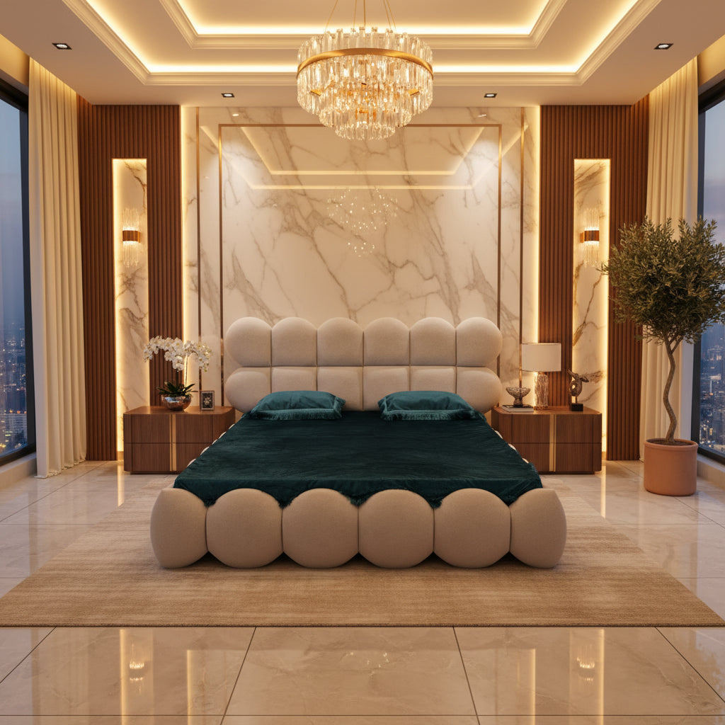 Macaron Bubble Bedroom Set – Modern Rounded Glass-Top LED Vanity Suite