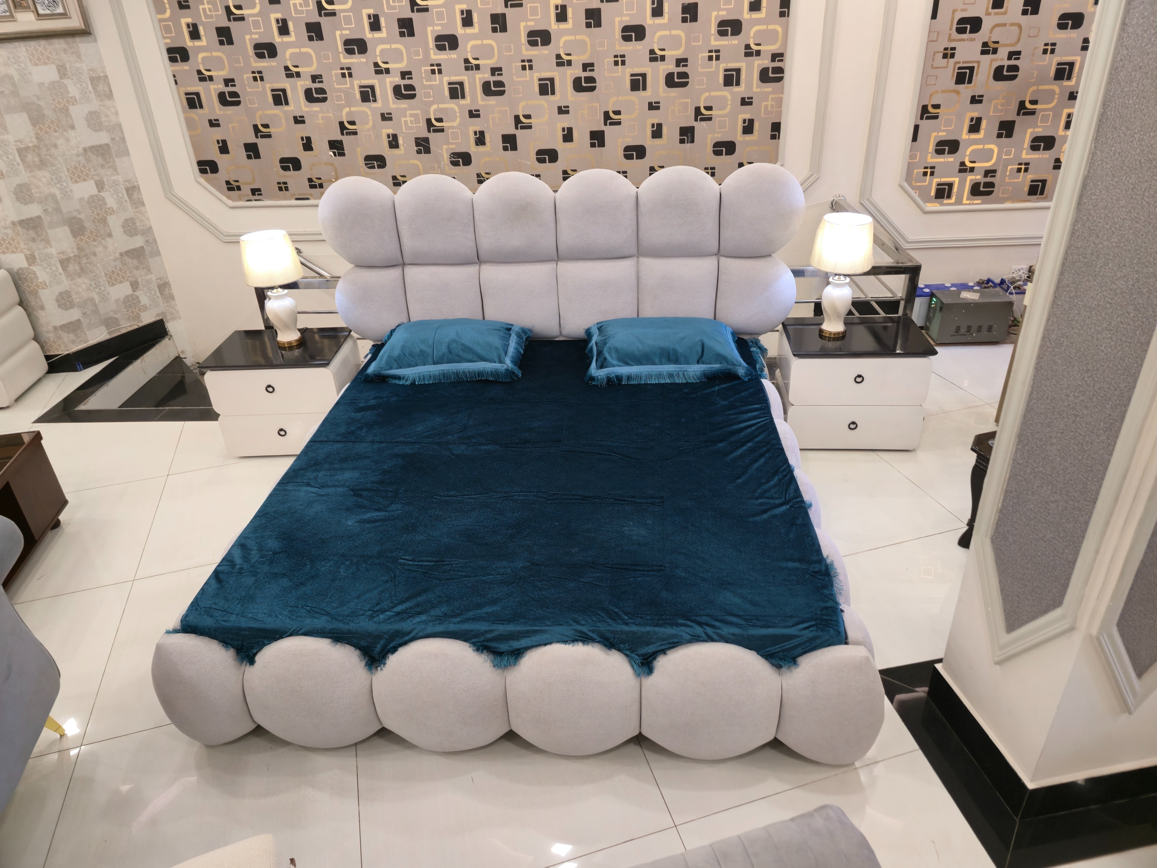 Macaron Bubble Bedroom Set – Modern Rounded Glass-Top LED Vanity Suite